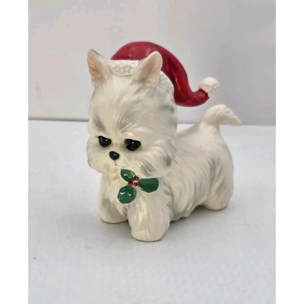 VTG Lefton Westie Dog Figurine Christmas Santa Hat Holly Terrier‎ 3.5